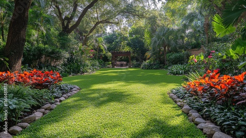 Beautifully landscaped flower beds along a winding pathway in a vibrant garden