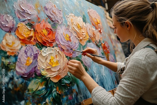 Artist creating a vibrant floral painting in a studio filled with color durin...