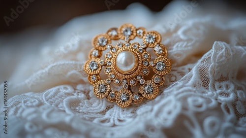 Elegant gold flower brooch with pearl accents on soft lace fabric