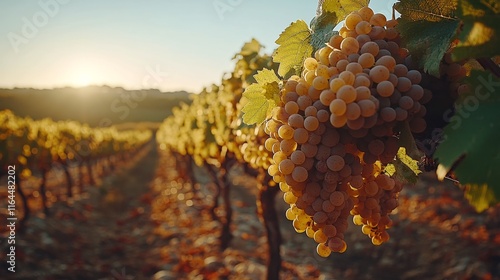 Sunset over vineyard with ripe grapes ready for harvest in autumn season