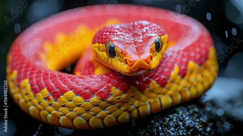 Exotic red and yellow snake resting on a rock during a rainy day in a tropica...
