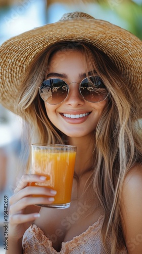 Young woman enjoying refreshing drink while wearing stylish hat and sunglasse...