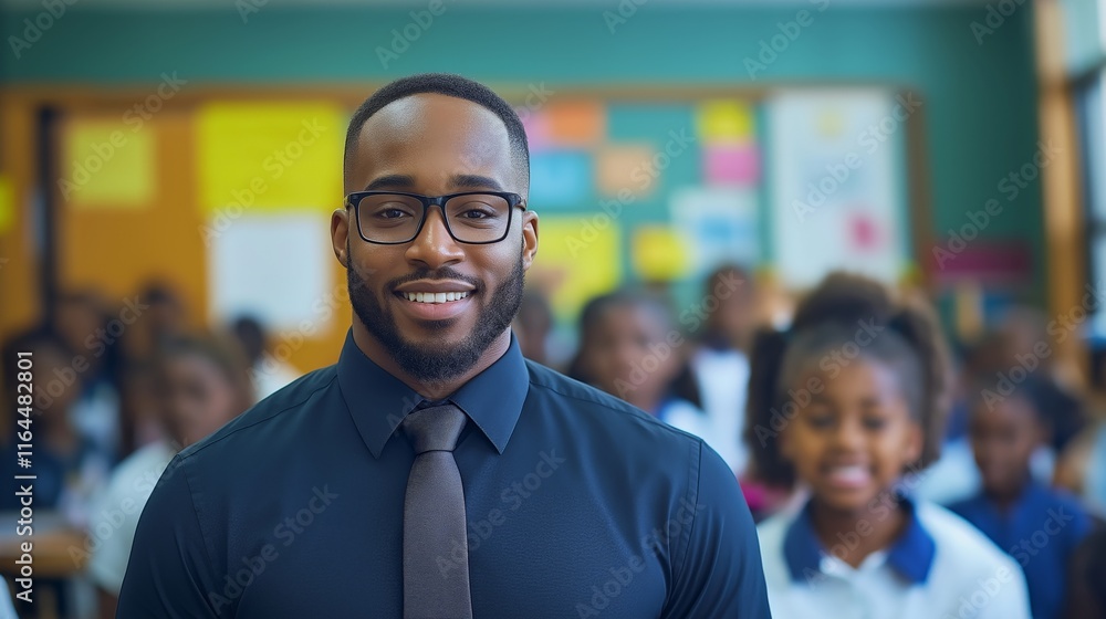 A confident Black teacher smiling in a classroom with students behind, capturing the essence of education, leadership, and inspiring young minds A confident Black teacher smiling in a classroom with students behind, capturing the essence of education, leadership, and inspiring young minds