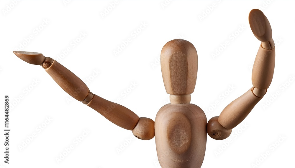 A wooden mannequin with adjustable limbs raises its hands in a joyful pose, showcased against a blank white backdrop. Perfect for creative, conceptual, or educational uses in photography and art. A wooden mannequin with adjustable limbs raises its hands in a joyful pose, showcased against a blank white backdrop. Perfect for creative, conceptual, or educational uses in photography and art.