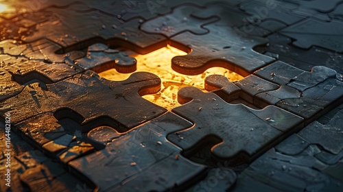 A close-up view of interconnected puzzle pieces on a dark surface, with one missing piece revealing a warm, glowing light beneath. The puzzle pieces exhibit a textured wooden appearance with water dro photo