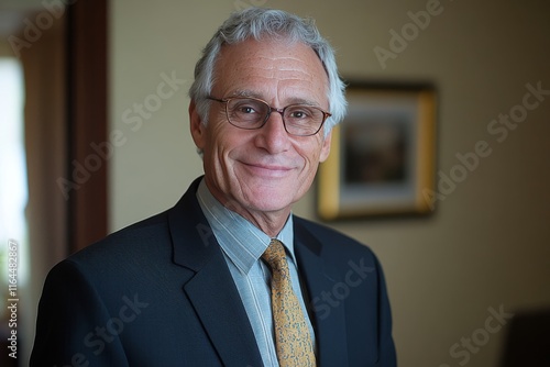 Professional man smiling in business attire with glasses in a modern office s...
