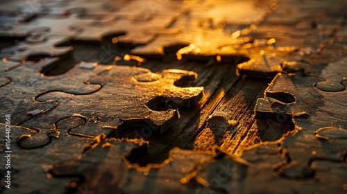 A close-up view of wooden puzzle pieces scattered on a textured surface, illuminated by warm, golden light that highlights their intricate shapes and edges. The warm tones create a cozy atmosphere, sh photo