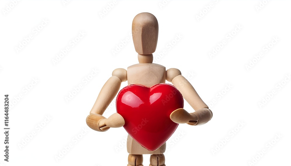 Wooden figure holding a red heart signifying love, passion, and human emotions. Ideal for themes of relationships, care, and tenderness with a clean white background. Wooden figure holding a red heart signifying love, passion, and human emotions. Ideal for themes of relationships, care, and tenderness with a clean white background.