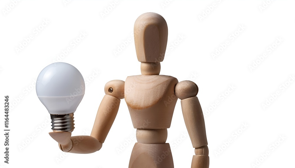 Artistic wooden mannequin holding a white light bulb, signifying inspiration, creativity, and opportunities. Ideal for concepts involving innovation, ideas, and design, captured on a white background Artistic wooden mannequin holding a white light bulb, signifying inspiration, creativity, and opportunities. Ideal for concepts involving innovation, ideas, and design, captured on a white background