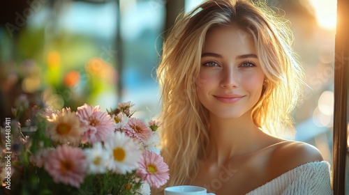 Young woman enjoying coffee in cafe surrounded by beautiful flowers on a sunn...