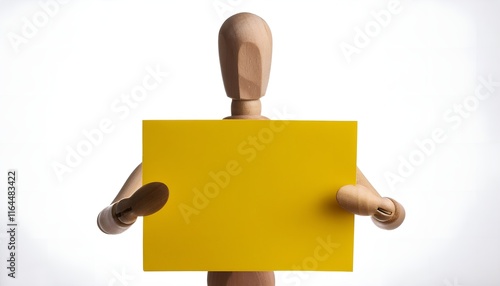 A simple depiction of a wooden mannequin presenting a blank yellow square sign, ideal for use in design, creativity, or communication concepts. photo