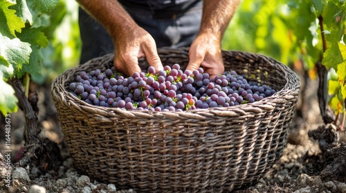 Hands harvesting grapes from a vineyard in autumn during grape picking season