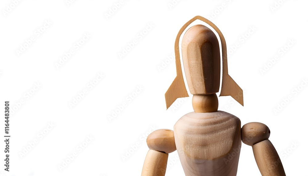 Wooden figurine head customized with a wooden rocket silhouette, evoking creativity and innovation. Artistic representation on a white backdrop emphasizing crafting, imagination, exploration concepts Wooden figurine head customized with a wooden rocket silhouette, evoking creativity and innovation. Artistic representation on a white backdrop emphasizing crafting, imagination, exploration concepts