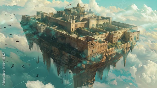 A breathtaking floating fortress amidst a sea of clouds, showcasing intricate architecture and lush greenery on its terraces. The fortress features multiple towers and a central dome, giving it a maje photo