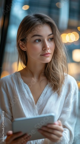Young woman engaged in reading on a tablet in a cozy indoor environment durin...