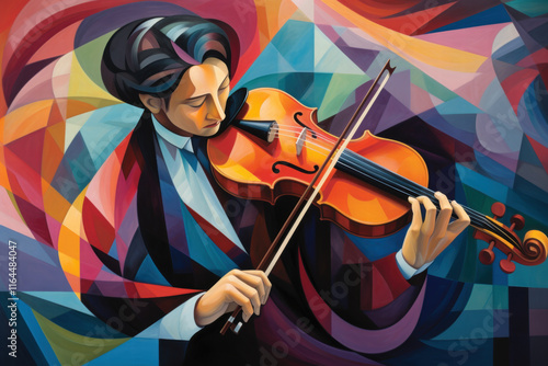 A striking depiction of a violinist performing, with swirling geometric forms and vibrant colors in abstract cubist or cubism style painting photo