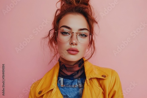 Young woman with glasses poses against a pink wall wearing a yellow jacket an...