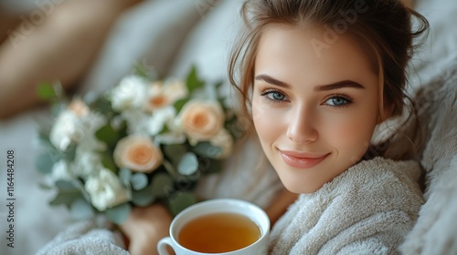 Smiling woman enjoys tea while relaxing with a bouquet of flowers indoors in ...