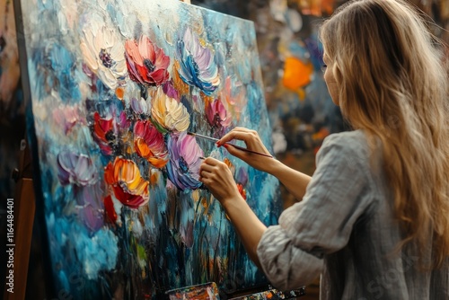 Artist creating a vibrant floral painting in a studio filled with color durin...