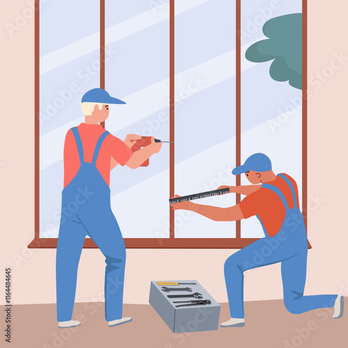 Happy repairmen doing renovation at home flat vector illustration, repairing window in building.  Hand drawing vector illustration.