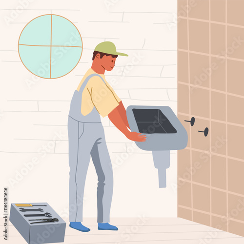 Installing a sink in a bathroom. Hand drawn vector illustration vector illustration.