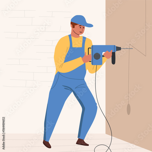 Worker during wall penetration with power drill. Repairman during electrical renovation. Hand drawn vector illustration.
