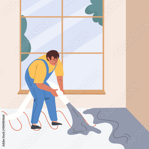 Concreting the floor, pouring the cement base. Floor preparation. Hand drawing vector illustration.