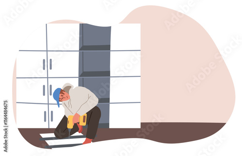 Assembling furniture, wardrobe. Worker installing closet in home interior.  Hand drawing vector illustration.