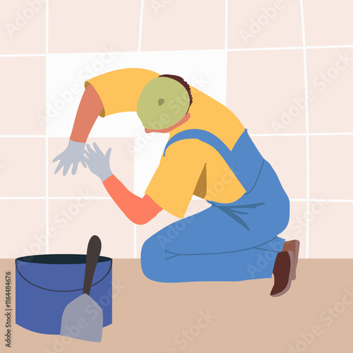 Repair worker laying ceramic wall tile.  Hand drawing vector illustration.