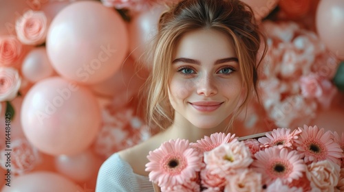 Young woman holding a bouquet of flowers in front of a pink floral backdrop w...