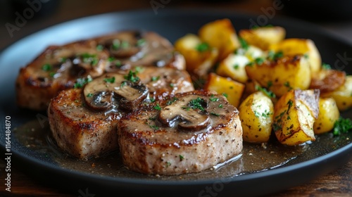Deliciously plated pork tenderloin with mushrooms and roasted potatoes on a b...