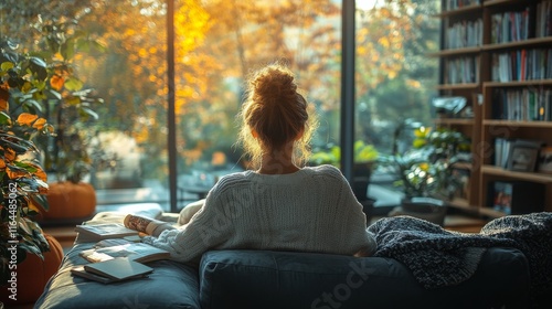 Relaxing on a cozy sofa in a sunlit living room surrounded by nature