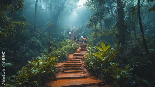 Hikers navigating lush forest path in early morning light near tropical mount...