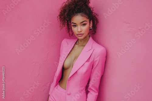 Bright pink fashion statement in a vibrant urban setting during daylight hours