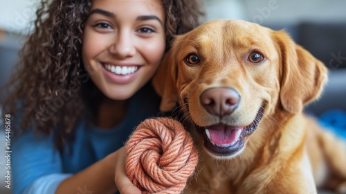 Woman playing with a dog on a cozy rug in a warm living room during afternoon...