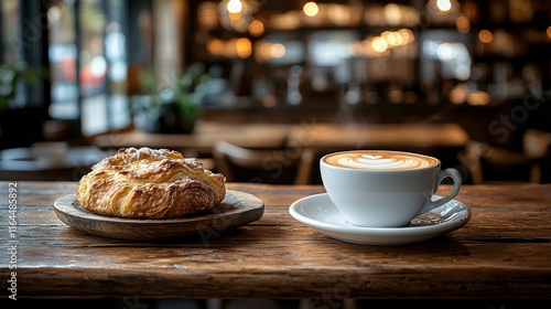 Coffee and pastry on a wooden table in a cozy cafe with greenery and warm lights