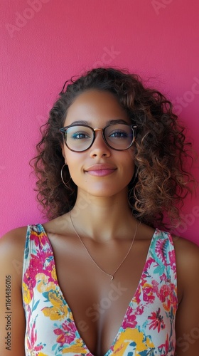 Young woman with curly hair and glasses poses against vibrant pink background...