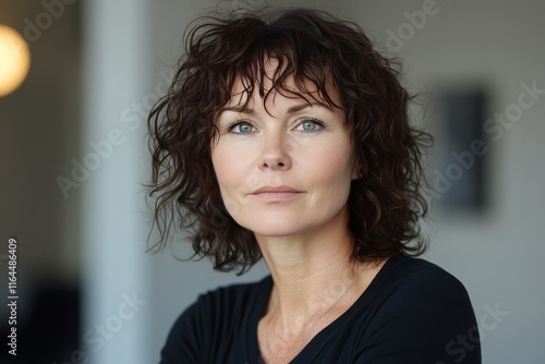 Young woman with curly hair standing in a doorway with soft lighting