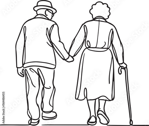 Grandpa and Grandma in Line Art. Supportive Moment with Walking Cane on White Background