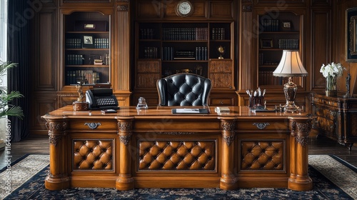 Modern office interior with large desk and comfortable seating near sunny win...