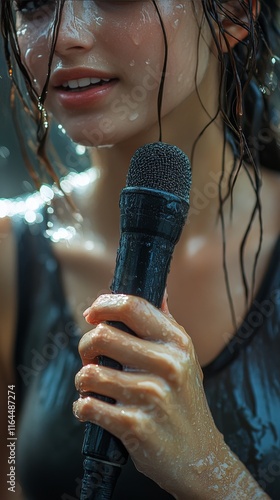 Performer singing passionately under vibrant stage lights at a music venue