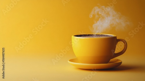 Warm cup of coffee with steam rising and coffee beans on a yellow background