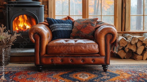 Cozy living room with a leather sofa near a warm fireplace filled with firewood