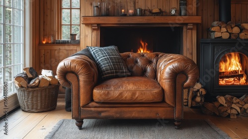 Cozy living room with a leather sofa near a warm fireplace filled with firewood