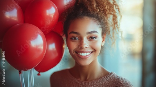 Smiling young woman surrounded by colorful balloons celebrating a joyful occa...