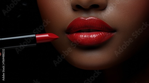 Close-up of woman applying vibrant lip color with pencil in beauty studio set...