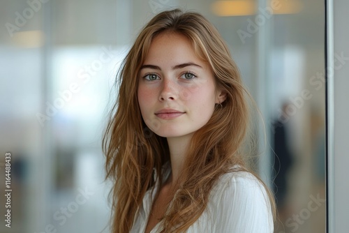Young woman with long dark hair poses confidently in a modern indoor setting ...