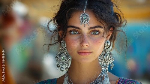 Young woman in vibrant traditional outfit with intricate jewelry outdoors in a lively market setting photo