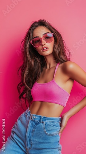 Young woman poses confidently against vibrant pink wall wearing stylish casua...