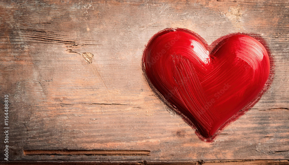 A bright red painted heart stands out against a rustic wooden background with a weathered texture. copy space A bright red painted heart stands out against a rustic wooden background with a weathered texture. copy space